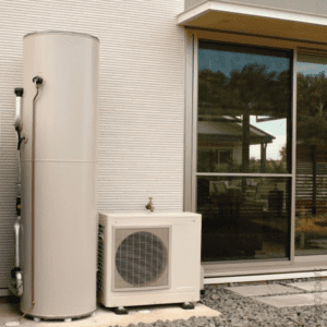 Modern split heat pump system installed outside a home with a beige cylindrical water tank and external compressor unit near a sliding glass door.