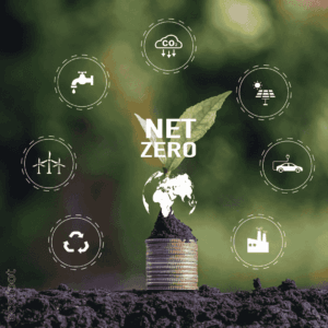 An illustration of a plant sprouting from a stack of coins with “Net Zero” text above it, surrounded by eco-friendly icons representing water conservation, CO₂ reduction, solar energy, recycling, and sustainable industry.