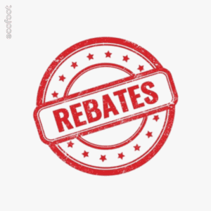 Illustration of a red circular stamp with the word ‘REBATES’ in bold capital letters, representing rebate eligibility.
