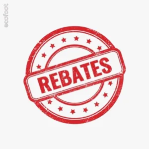Illustration of a red circular stamp with the word ‘REBATES’ in bold capital letters, representing rebate eligibility.