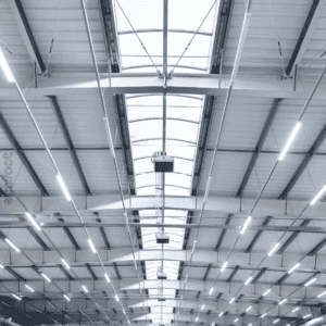 Industrial ceiling fitted with energy-efficient LED lighting, showcasing the benefits of LED lighting in reducing energy consumption and creating eco-friendly spaces.