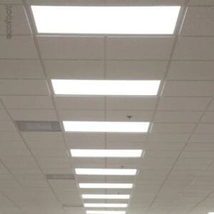 Modern ceiling with LED panel lights showcasing LED lighting benefits like visual comfort and energy efficiency.