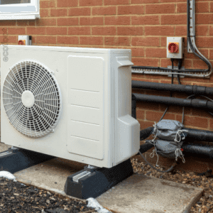 Outdoor heat pump system installed against a brick wall in Victoria.