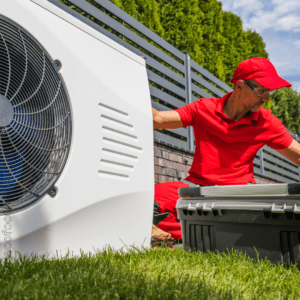 Technician installing energy-efficient heat pump system for VEU hot water upgrade in Victoria.