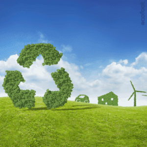 Green recycle symbol made of foliage in a grassy field with blue sky, wind turbine, and eco-friendly icons in the background.