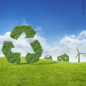 Green recycle symbol made of foliage in a grassy field with blue sky, wind turbine, and eco-friendly icons in the background.
