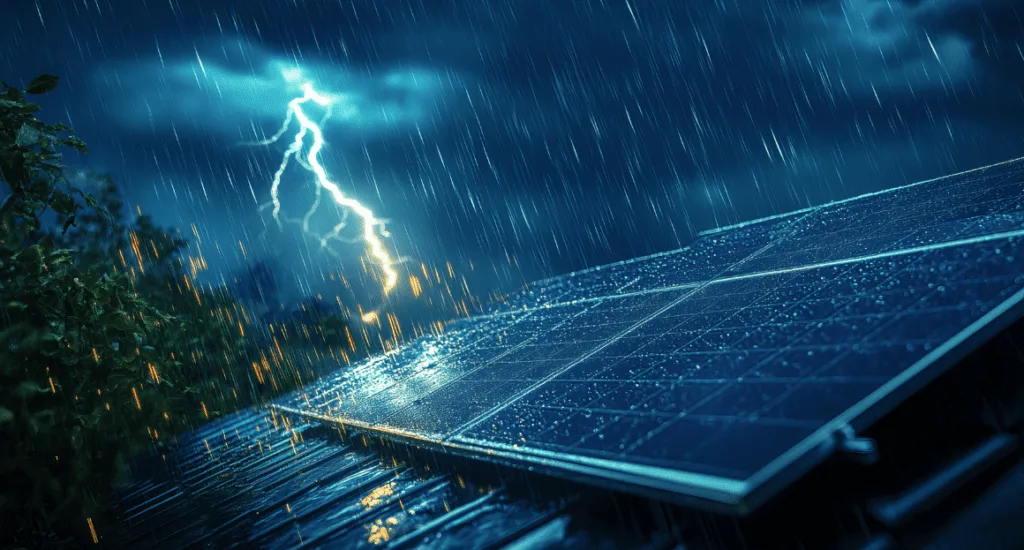 Solar panels on a roof during heavy rain with a lightning strike in the background.