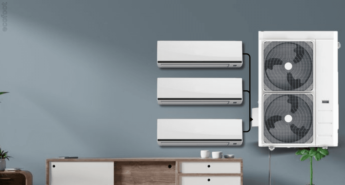 Modern multi-split air conditioning system installed on an interior wall, showing multiple indoor units and an outdoor compressor for improved air circulation and filtration.