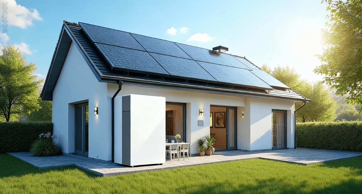 Modern single-storey home with rooftop solar panels installed, surrounded by a green lawn under a clear sky.
