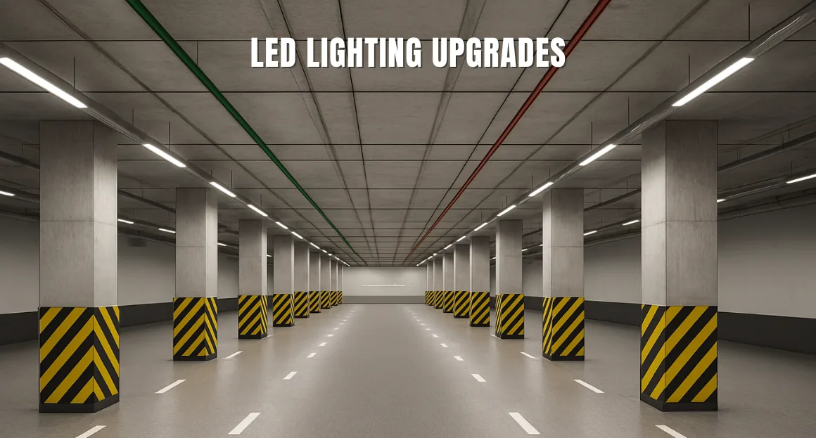 Underground parking facility illuminated with LED lights, demonstrating LED lighting benefits including improved brightness, energy efficiency, and lower maintenance costs