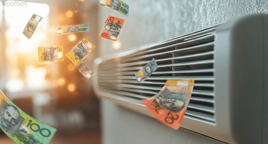 Air conditioner releasing Australian dollar notes, symbolising high cooling costs and long-term energy savings.