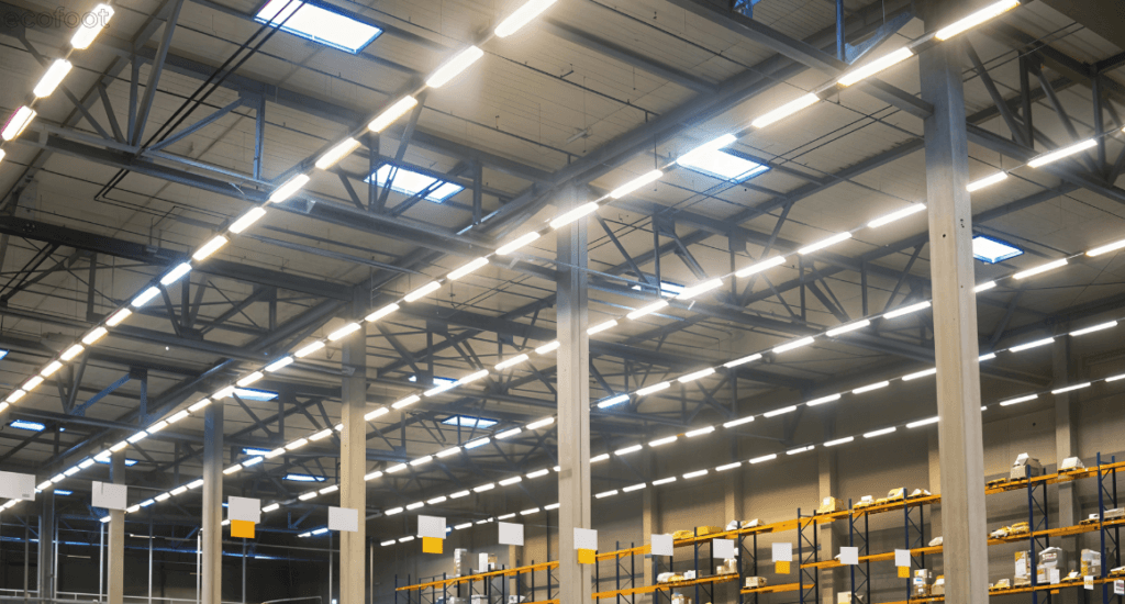 Warehouse LED lighting system showing high-bay ceiling lights where daylight is wasted at ceiling level, highlighting the need for smart commercial lighting optimisation.