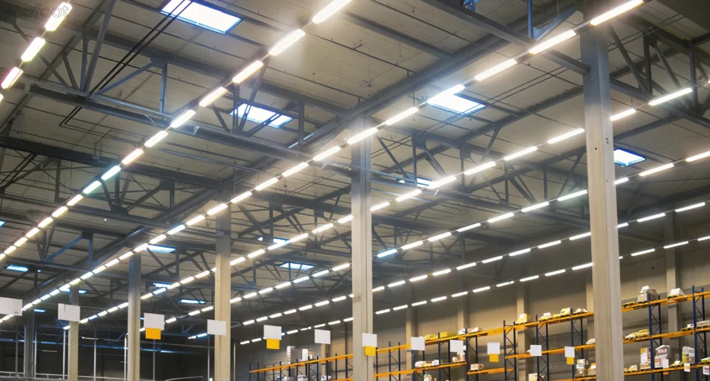  Warehouse LED lighting system showing high-bay ceiling lights where daylight is wasted at ceiling level, highlighting the need for smart commercial lighting optimisation.