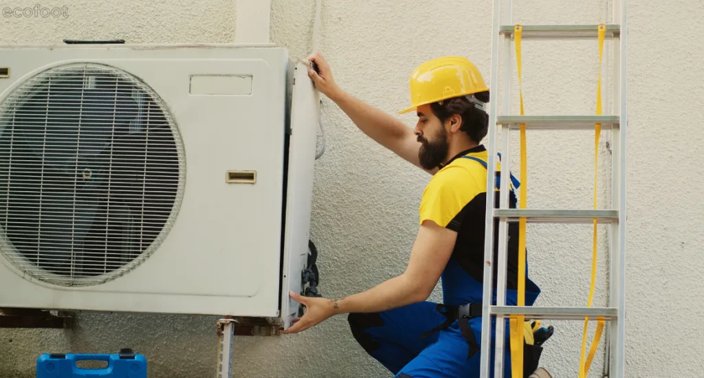 Technician installing an outdoor reverse-cycle air conditioner unit on a residential wall in Victoria.