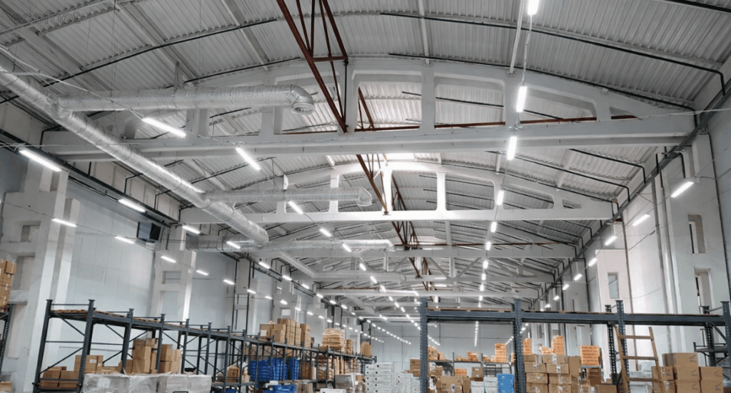 Commercial LED lighting installed in a large warehouse facility to improve energy efficiency and visibility.