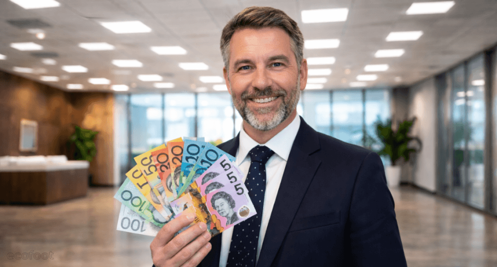 Businessman holding Australian cash in an office to represent commercial rebate savings.
