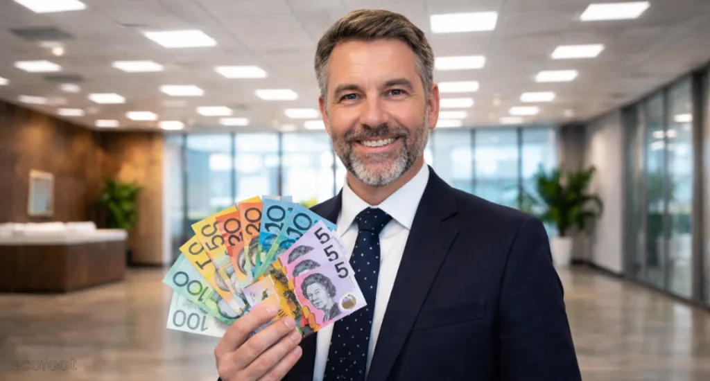 Businessman holding Australian cash in an office to represent commercial rebate savings.