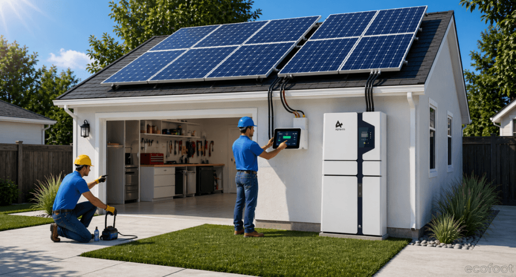 Technicians installing a home solar panel system with a battery unit mounted on an exterior wall, illustrating a residential solar energy setup