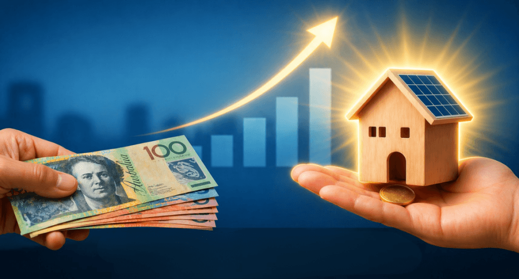 Hand holding a model house with solar panels opposite cash, with a rising graph arrow in the background representing increasing savings or return on solar investment.