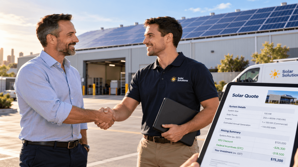 Victorian business owner receiving a free VEU commercial solar rebate eligibility check