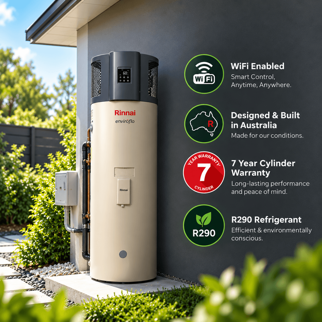 Rinnai Enviroflo heat pump hot water system with WiFi, Australian-made design, 7 year cylinder warranty and R290 refrigerant