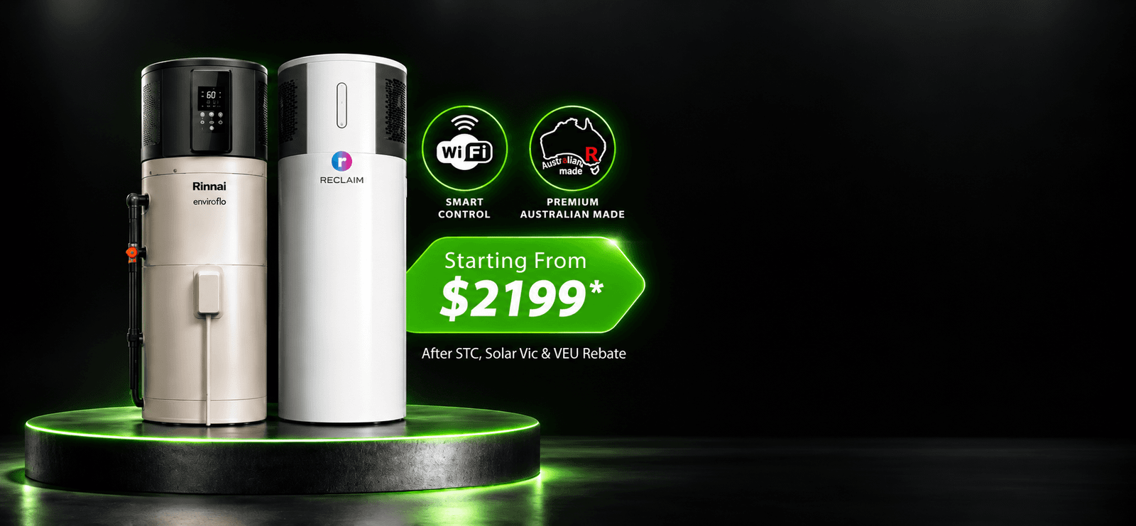 Rinnai Enviroflo and Reclaim heat pump hot water systems with WiFi control and rebate pricing in Melbourne
