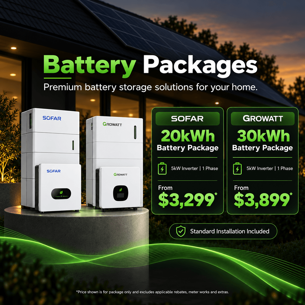 SOFAR 20kWh and Growatt 30kWh battery packages with 5kW single phase inverters in Melbourne