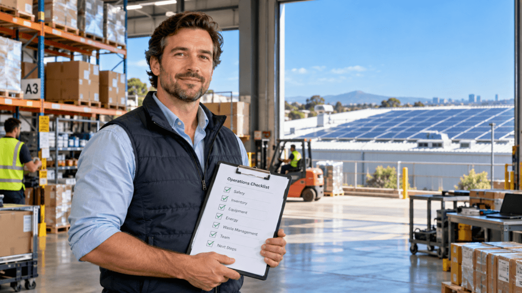 Victorian business owner reviewing VEU commercial solar rebate eligibility checklist for warehouse solar installation