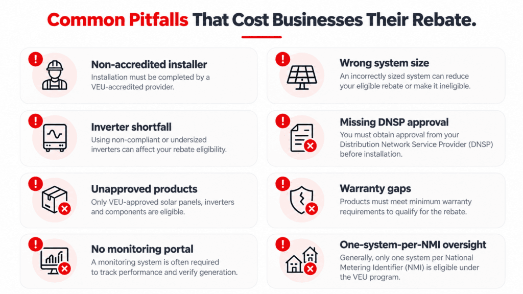 Common pitfalls that disqualify Victorian businesses from VEU commercial solar rebate eligibility