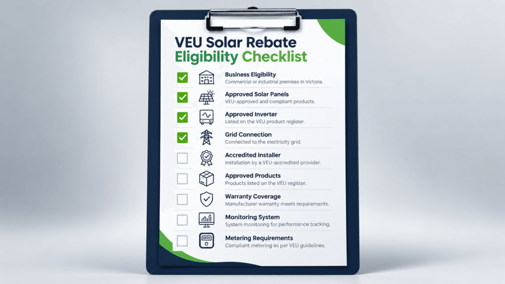 VEU commercial solar rebate eligibility checklist showing nine requirements for Victorian businesses