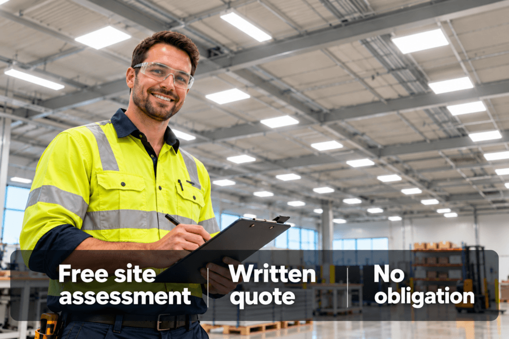 Accredited VEU lighting installer conducting a commercial site assessment in Victoria