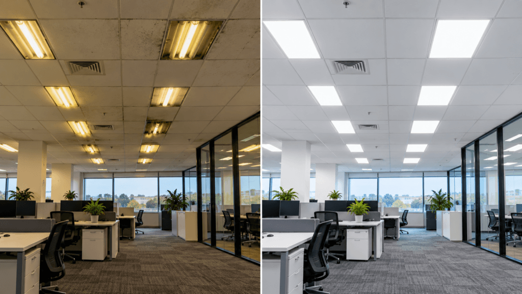 Split comparison of fluorescent tubes and LED panels in a commercial office ceiling