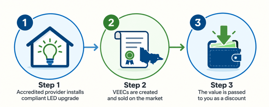 Three-step infographic showing how VEU lighting rebates work for Victorian businesses