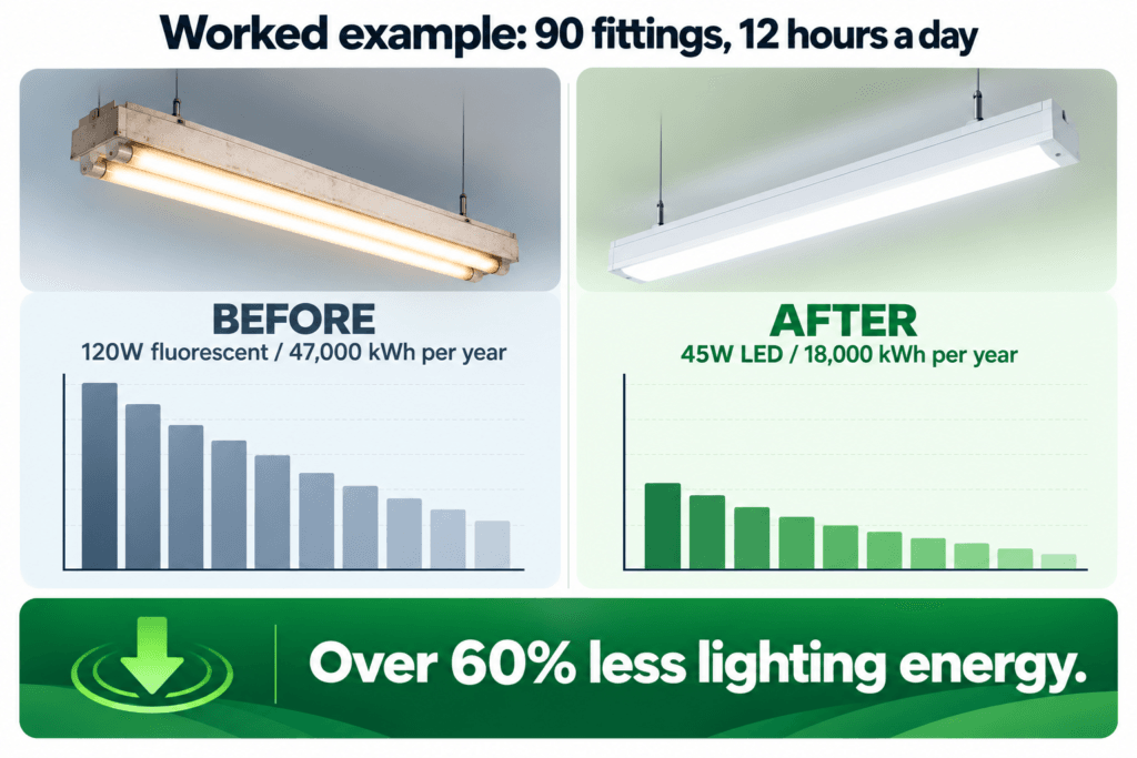 Infographic comparing annual lighting energy use for 90 fluorescent battens versus 90 LED battens