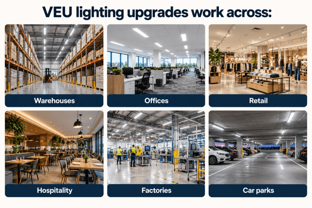 Grid showing commercial spaces that qualify for VEU lighting upgrades, including warehouses, offices, retail, and hospitality